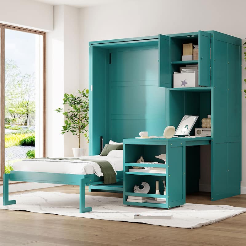 Space-Saving Twin Rotating Murphy Bed with Bookshelf, Desk, and Storage