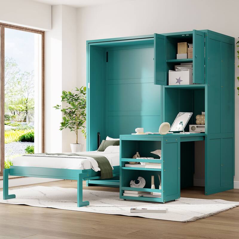 Twin Size Rotating Murphy Wall Bed with Bookshelf, Top Cabinet, Modern Foldable Cabinet Bed with Extendable Desk, Side Storage