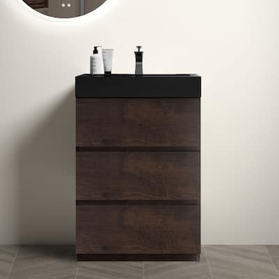 24" Walnut Large Storage Freestanding Vanity for Modern Bathroom, One-Piece Black Sink Basin without Drain and Faucet
