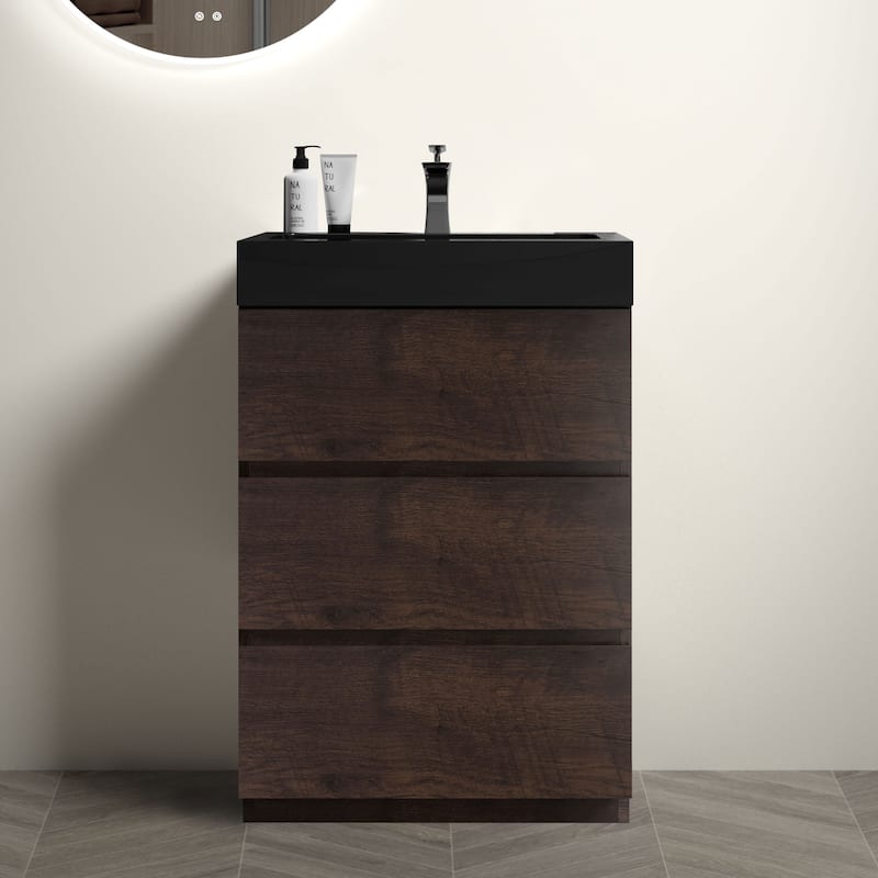 24"Bathroom Vanity with Sink, Large Storage Freestanding Bathroom Vanity,One-Piece Black Sink Basin without Drain and Faucet - Walnut+black