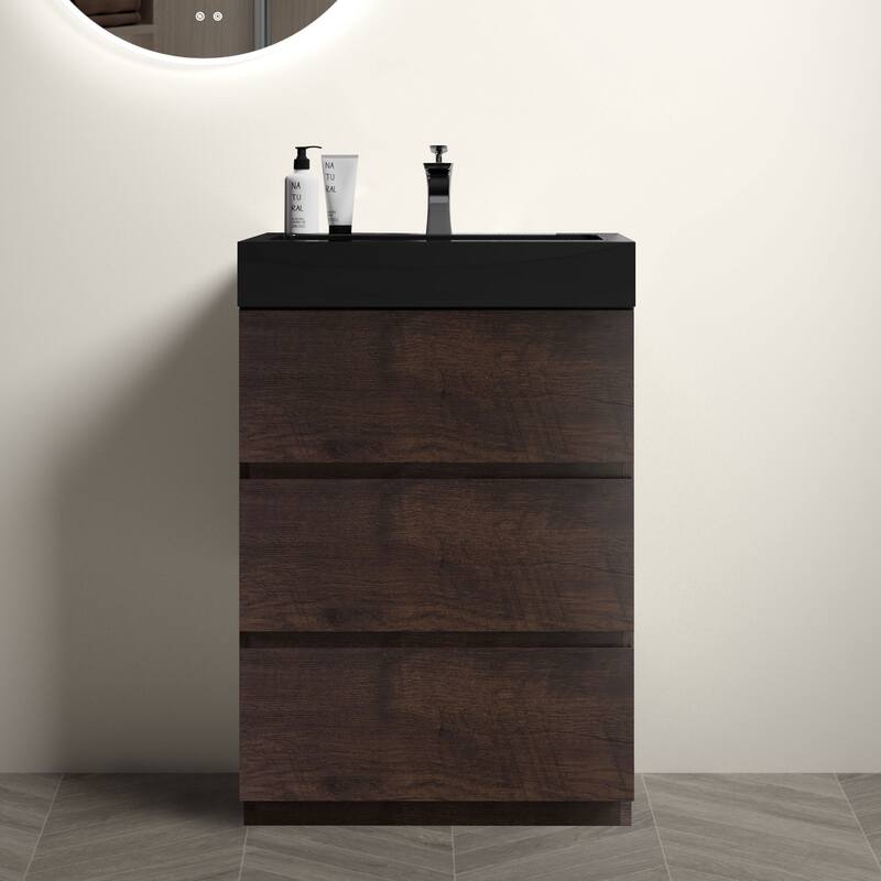 GDFStudio - Alice Walnut Freestanding Bathroom Vanity with One-Piece Matte Black Sink, Modern Handle-Free Design, Pre-Assembled - 24" - Walnut+Black