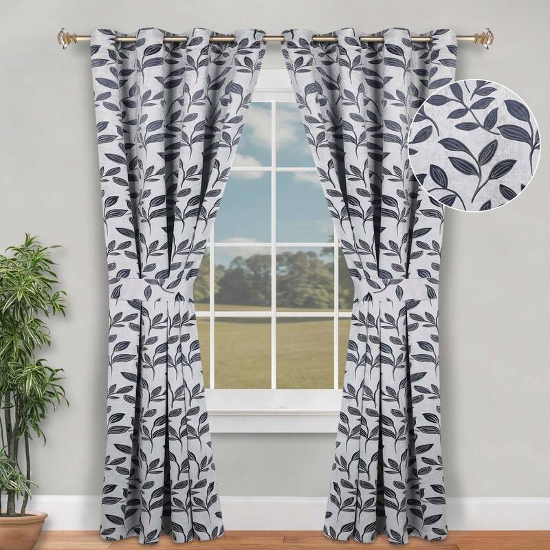 Superior Leaves Machine Washable Room Darkening Grommet With Ties Blackout Curtains, Set of 2
