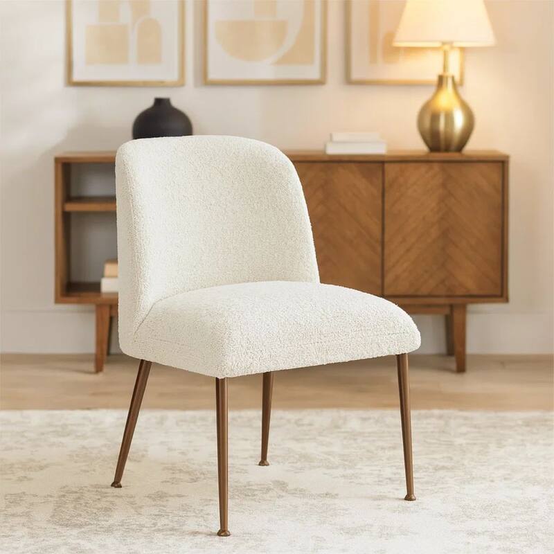 Zame 20 Inch Dining Chair, Soft White Boucle Fabric, Set of 2, Curved Back