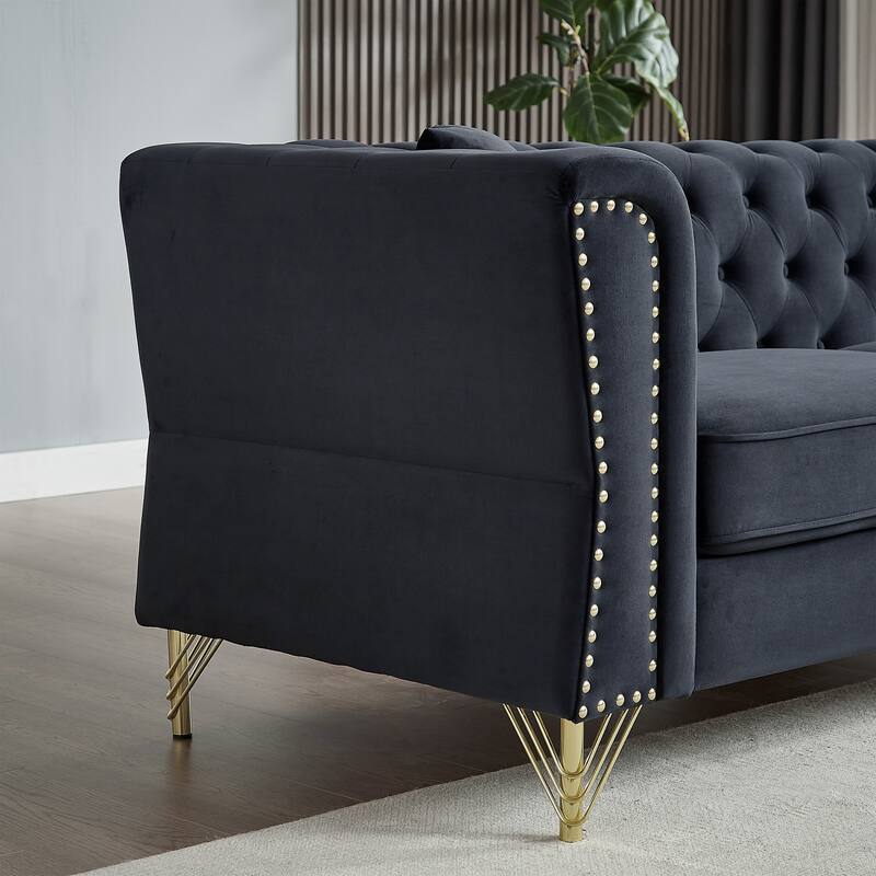 60.2" Chesterfield Velvet Sofa, 2-Seater Tufted Couch with Nailhead Trim and Metal Legs, Ideal for Living Room