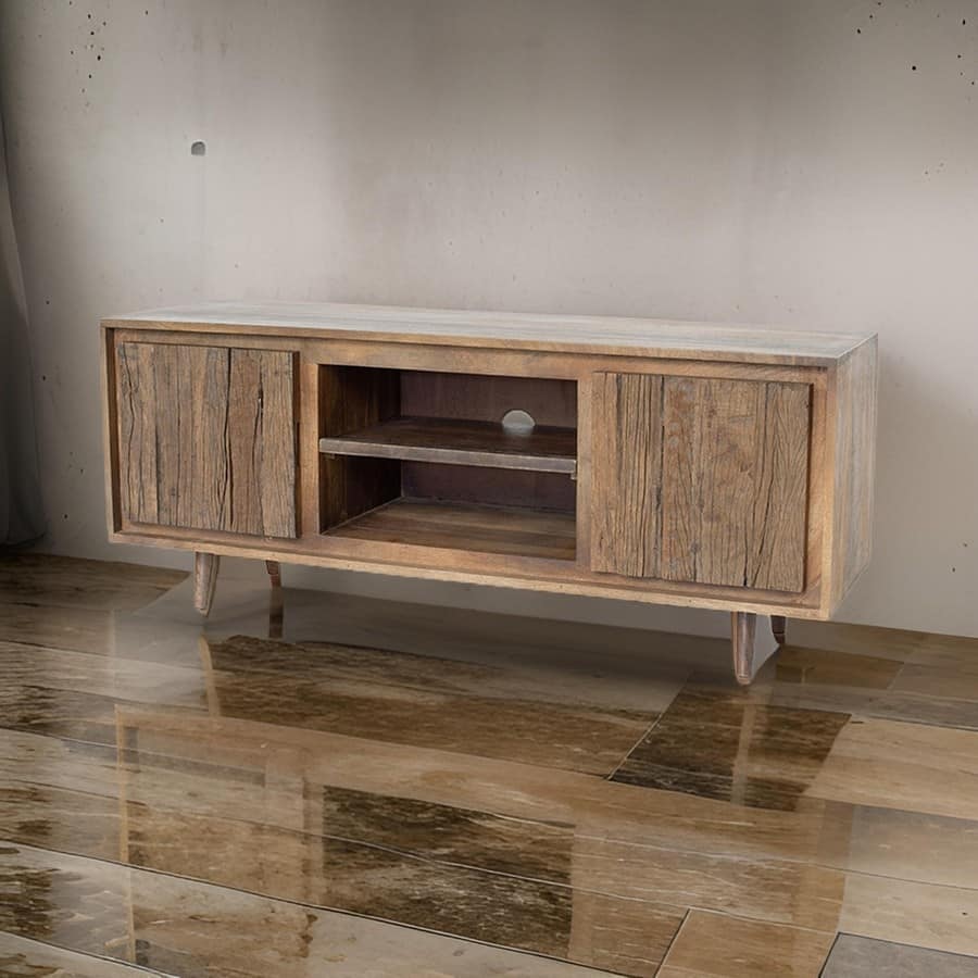 55 Inch TV Media Entertainment Console, 2 Doors, 2 Shelves, Cutouts, Brown