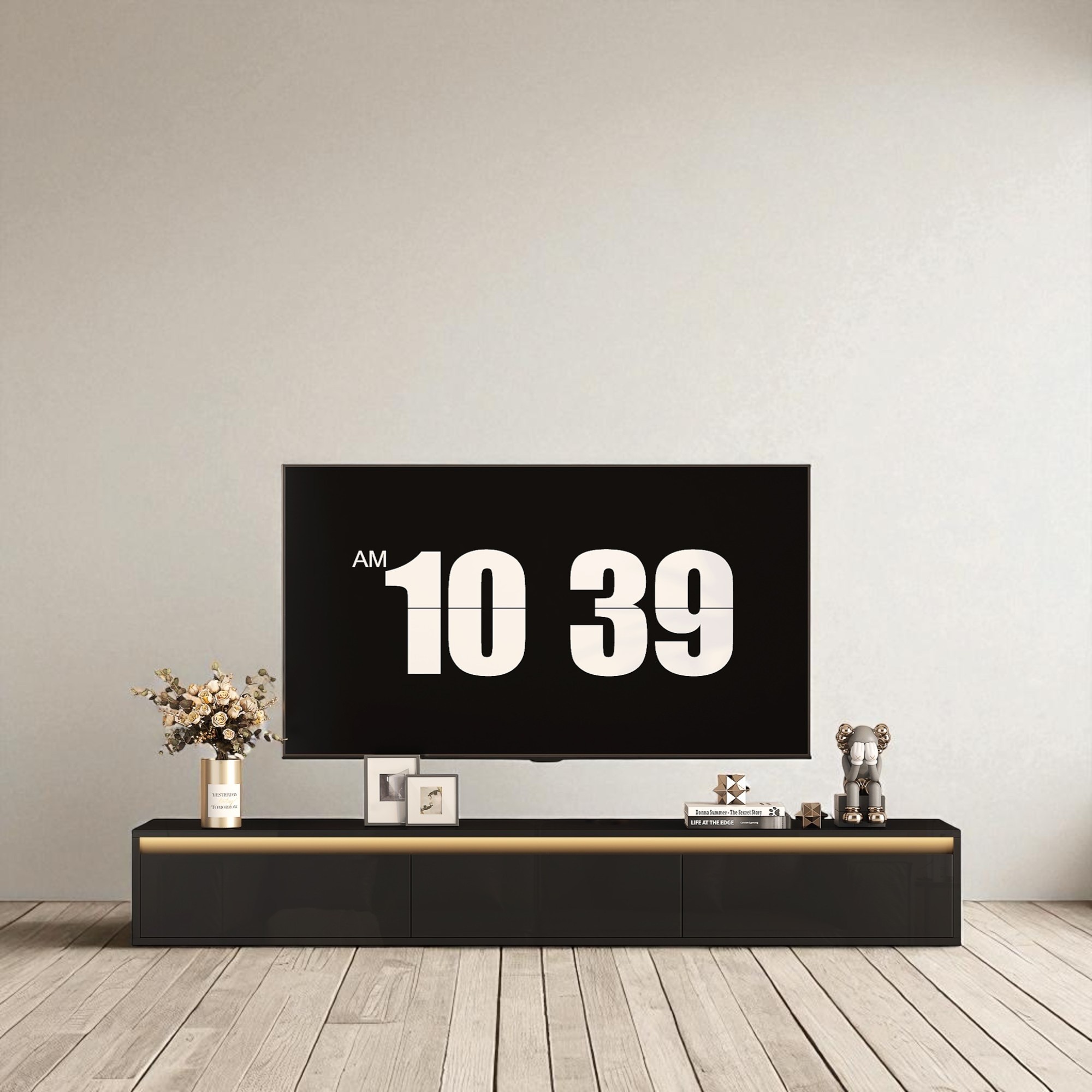 Floating Wall Mounted TV Stand with LED Lights & Power Outlet, High Gloss Media Console Shelf with Storage for Living Room