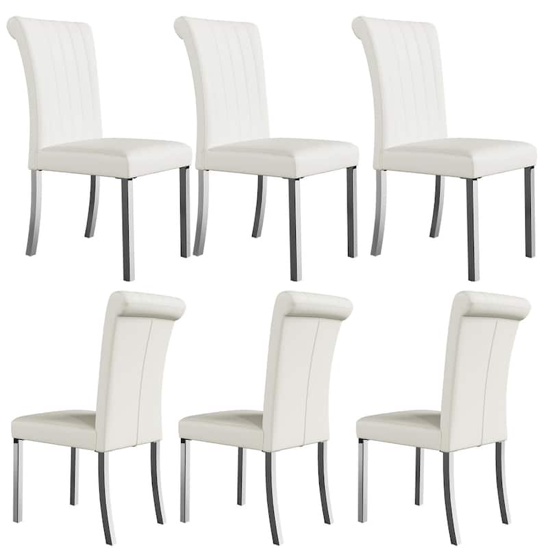 Luxury PU Leather Parsons Dining Chairs Side Chairs with Rolled Back and Stainless Steel Legs - White and Silver - Set of 6
