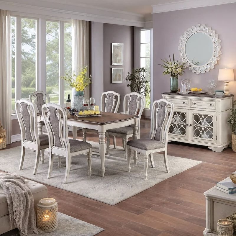 Wooden Dining Table with Curved Table Top Edges, White and Brown