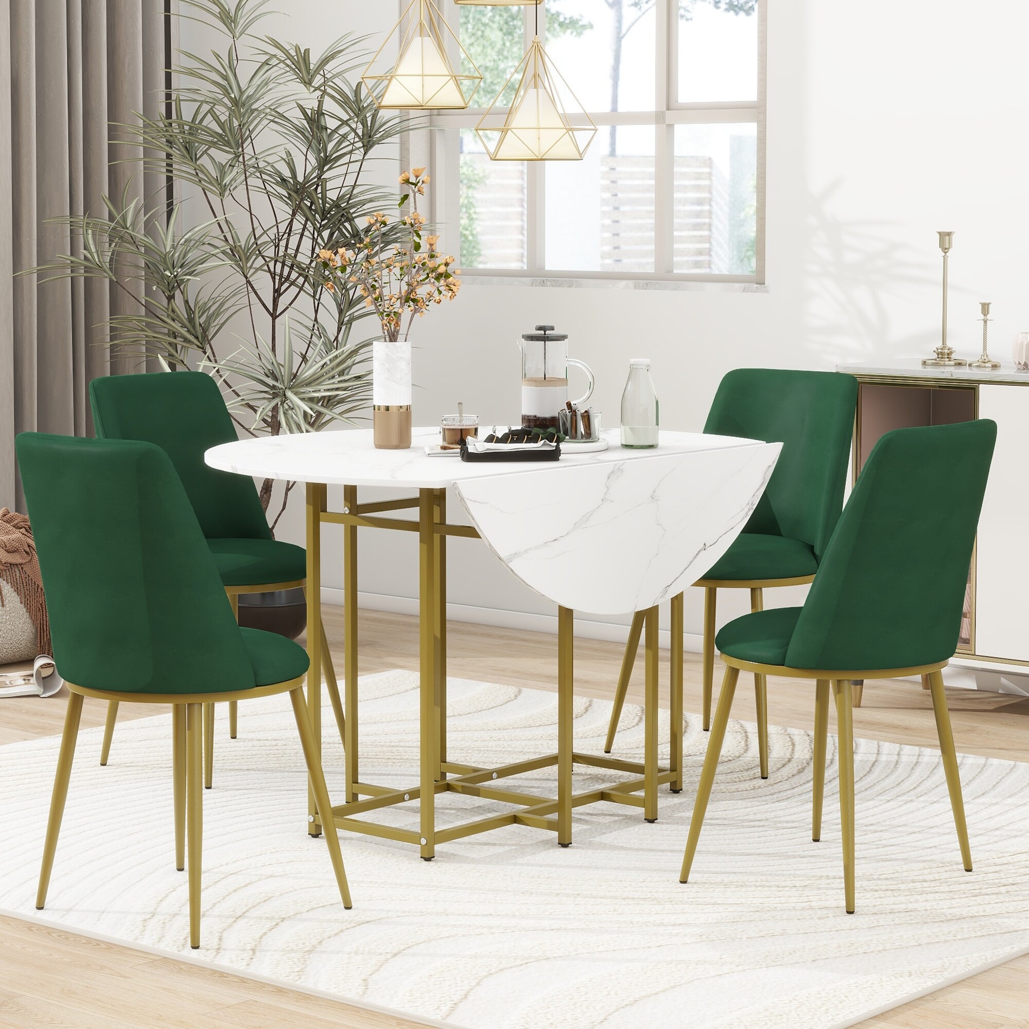 5-Piece Extendable Kitchen Dining Table Set, Round Faux Marble Top with  Golden Frame and Upholstered Chairs