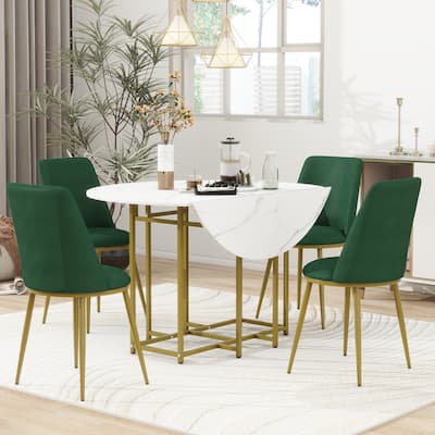 5-Piece Extendable Kitchen Dining Table Set, Round Faux Marble Top with Golden Frame and 4 Upholstered Chairs