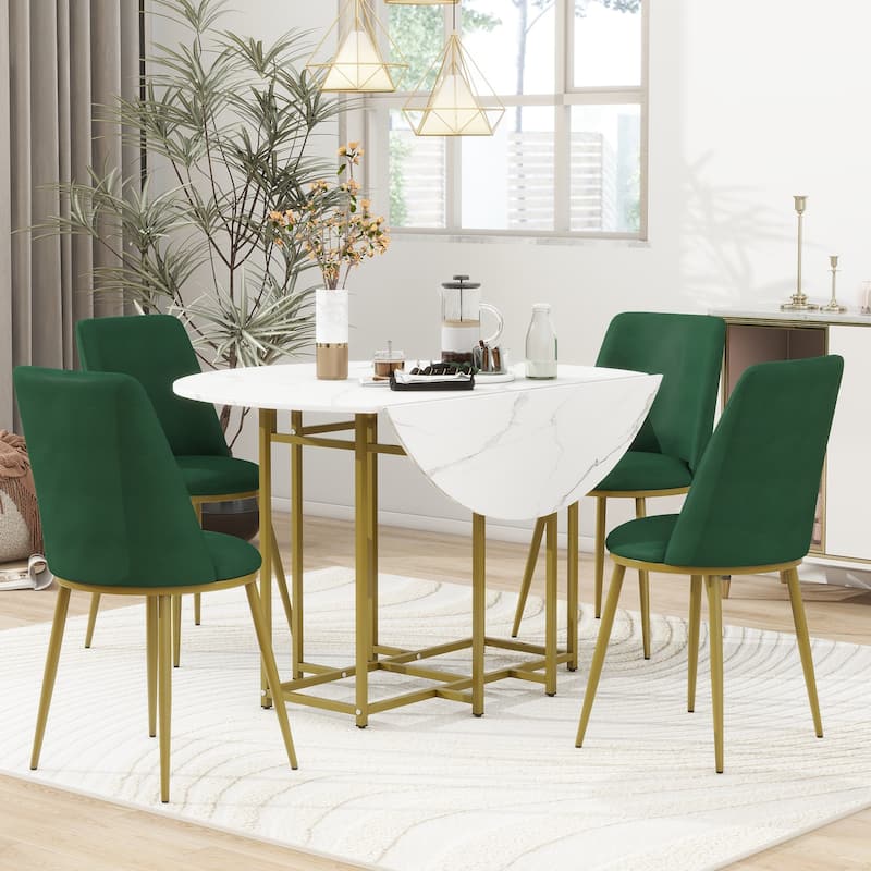 Roomfitters Space-Saving 5-Piece Extendable Dining Table Set with Round Faux Marble Top, 4 Upholstered Chairs