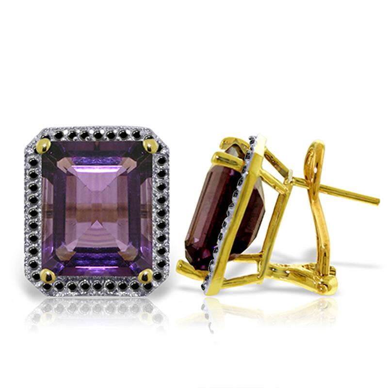 14K Solid Gold Stud French Clips Gemstone Earrings Diamonds & Amethysts - Yellow