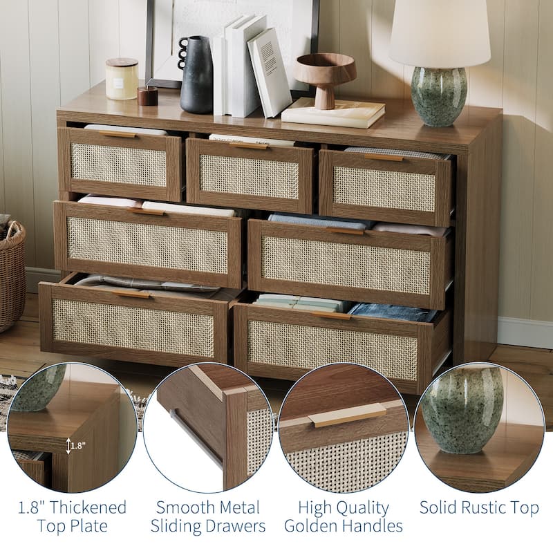 7 Drawers Dresser, 52" Wide Rattan Dresser Modern Chest of Drawers with Metal Handle, Wood Closet Storage Organizer