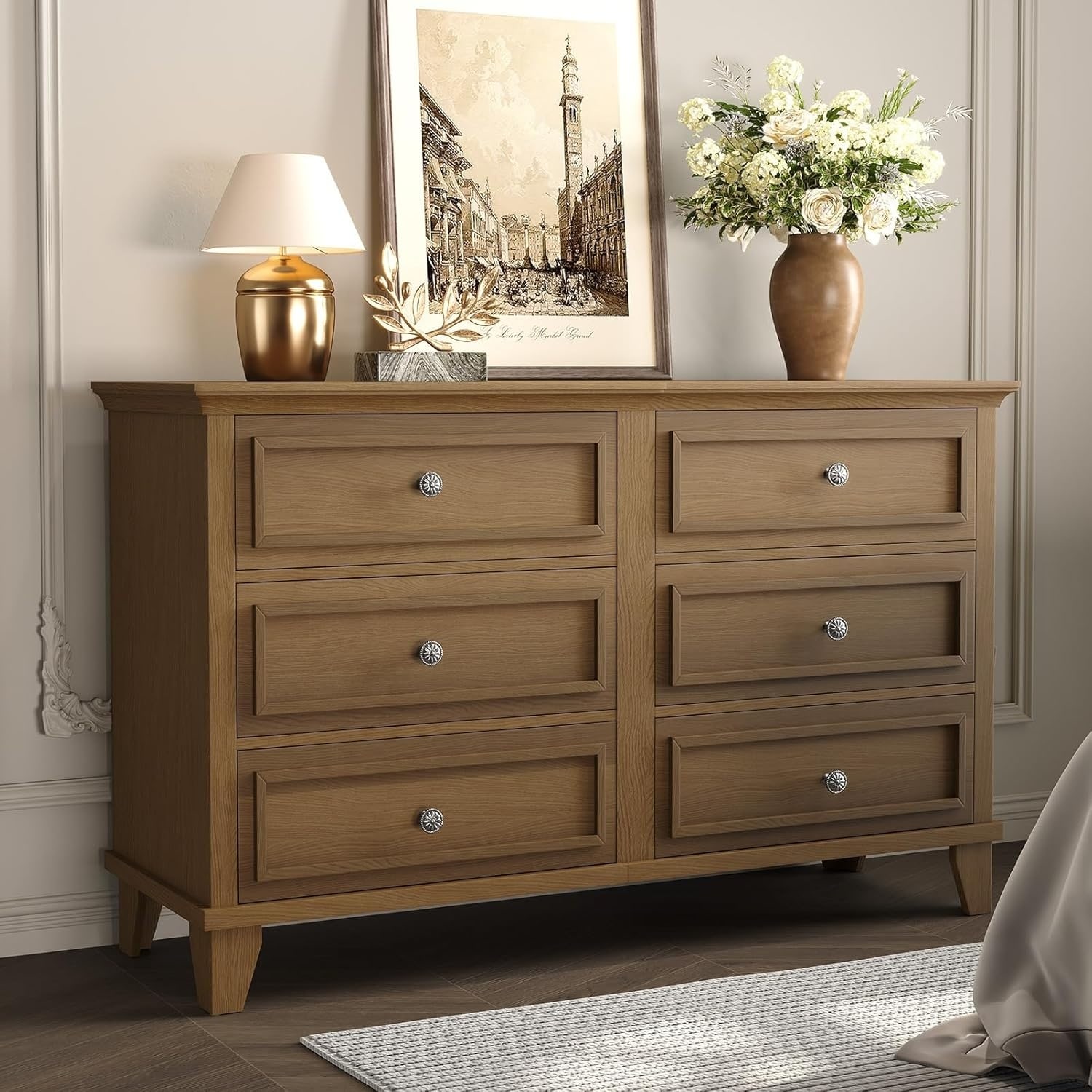 Dresser for Bedroom, Wide Dresser Storage Organizer Modern Wooden Chest with Metal Handles
