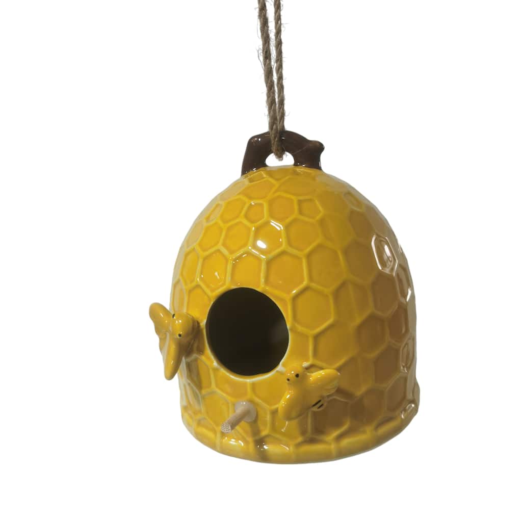 Stoneware Porcelain Honeycomb Birdhouse with Playful Bee Accents - 6" x 7" x 6.75"