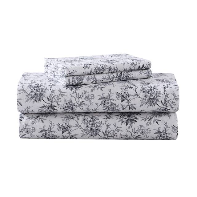 Laura Ashley Cotton Flannel-Soft-Deep Pocket-Sheet & Pillowcase Set - Faye Toile Black - Twin