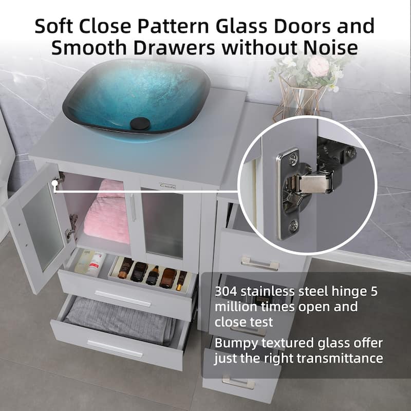 36" Bathroom Vanity Sink Gray Set with Side Cabinet Vessel Sink Mirror Faucet Combo