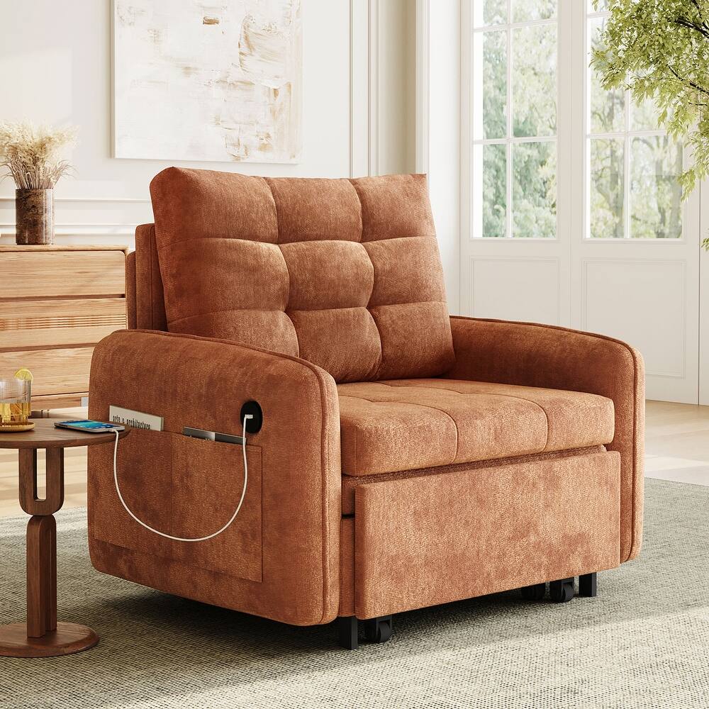 3-in-1 Chenille Accent Chair Convertible Sleeper Sofa Bed, 80" Extra Long Pull-out Chair Bed with USB and Type-C Ports