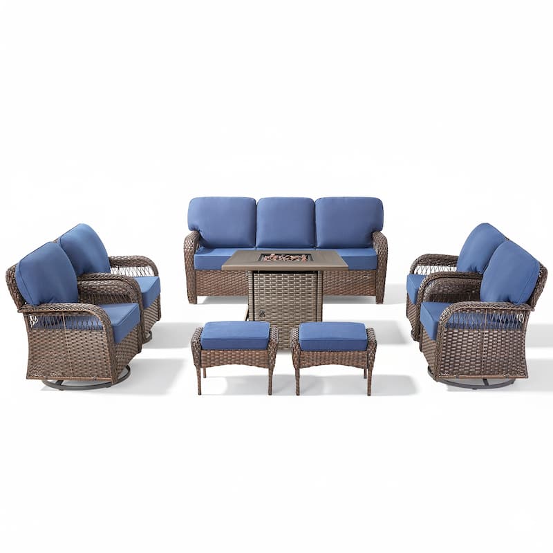 Pocassy Patio Outdoor Fire Table with Sofa Ottoman Swivel Chair Funiture Set.