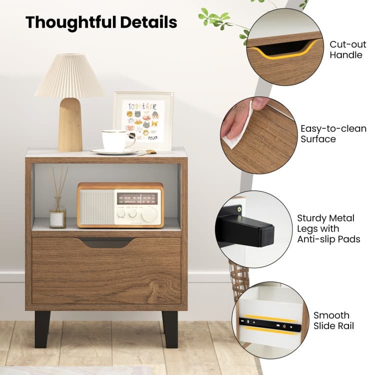 Natural and White Nightstand with 3 Tier Storage Metal Legs and Color-Blocked Design