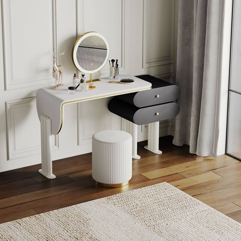 Modern Light Luxury Makeup Vanity Table Set，Wood Drawer, Stool, Plywood,White & Black
