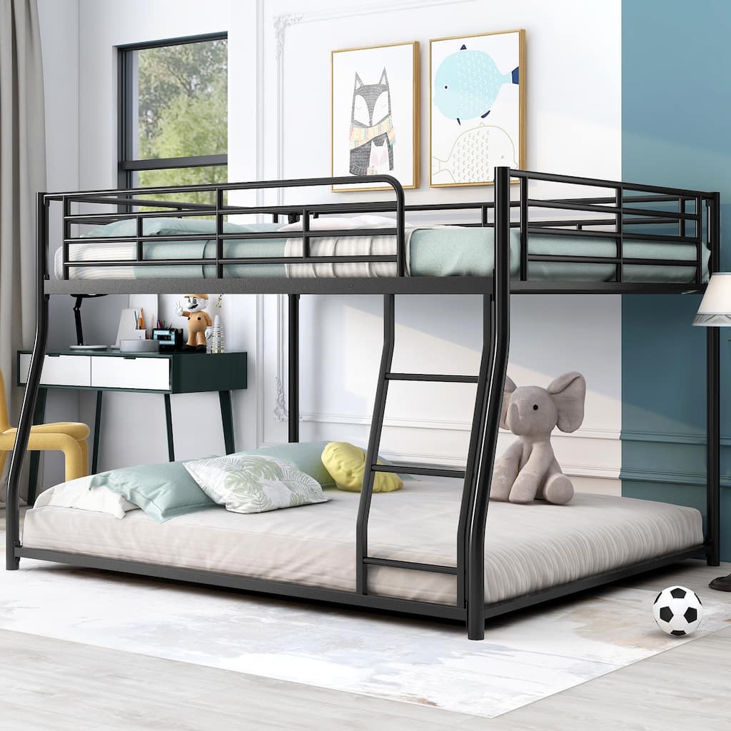Full XL Over Queen Metal Floor Bunk Bed, Black, Space-Saving Design