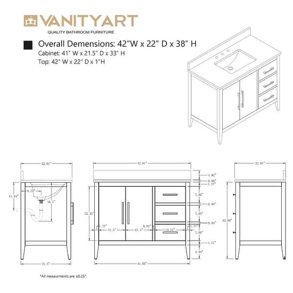 dimension image slide 5 of 21, Vanity Art 42" Single Sink Bathroom Vanity Cabinet with Engineered Marble Countertop