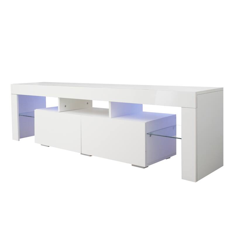 Anmytek Modern High Gloss White TV Stand with LED Lights for 55 inch TV Entertainment Center Storage Cabinet