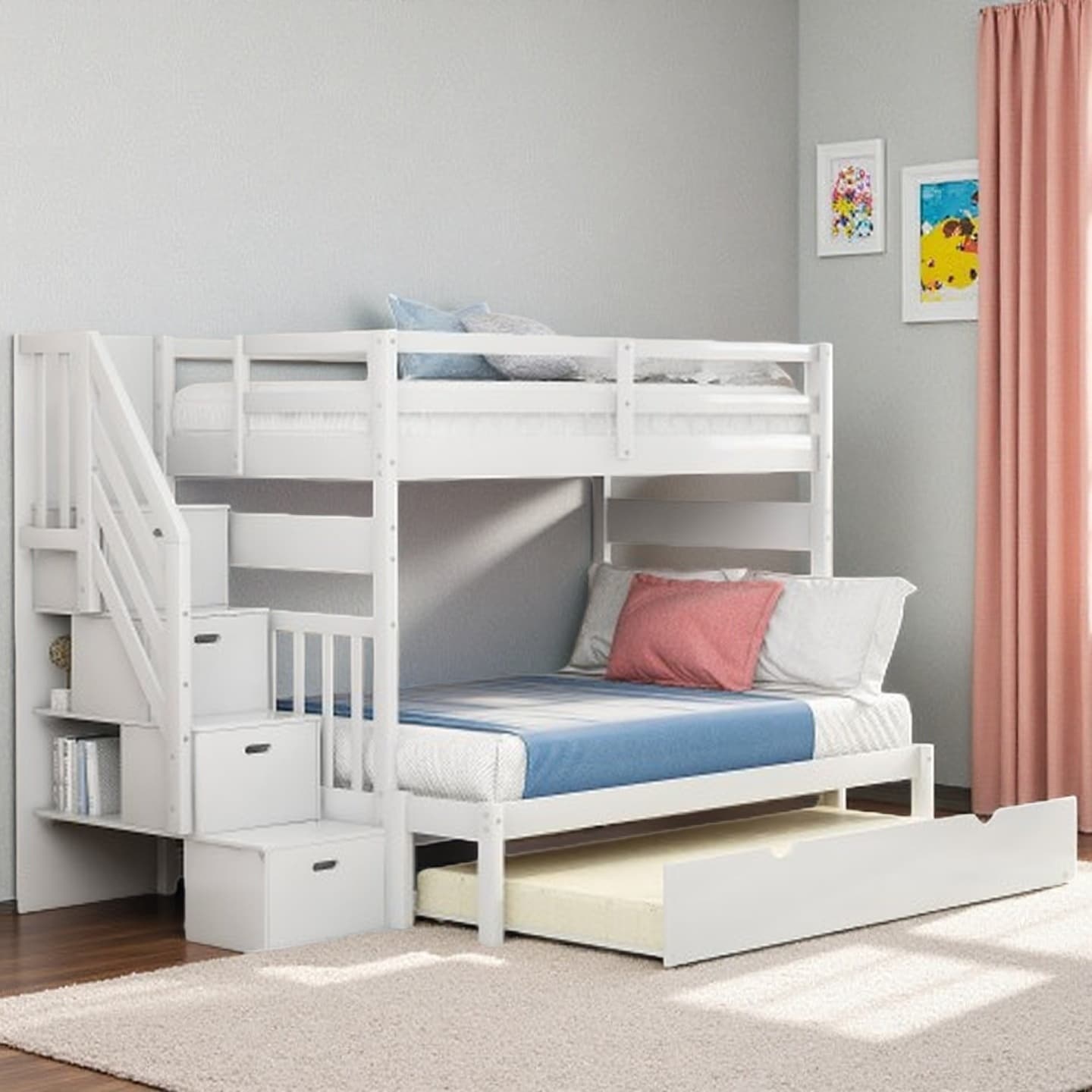 Twin Over Full Bunk Bed with Trundle, Staircase Storage, Shelves and Drawers, Solid Wood Frame, No Box Spring Needed