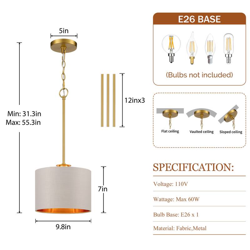 Modern Chandelier Dining Room Pendant Light Fixture Drum Fabric Shade