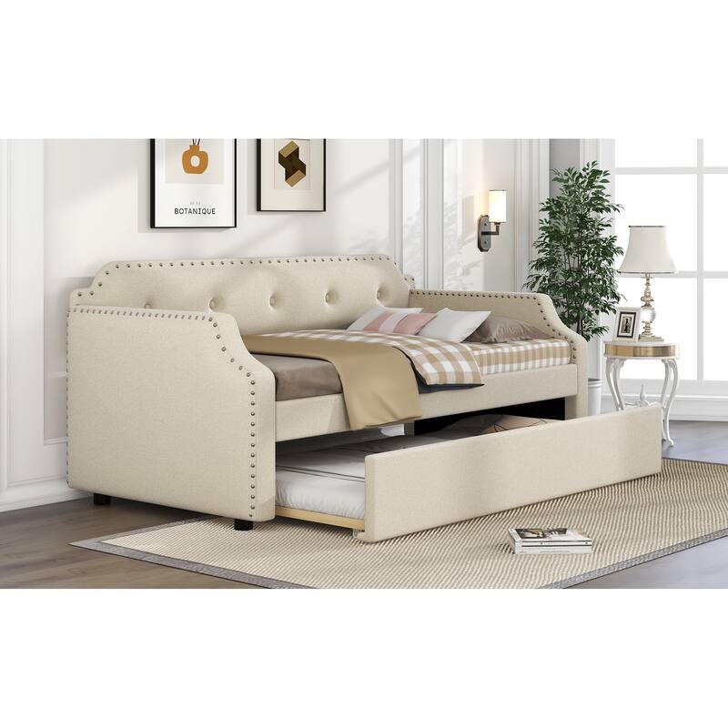 Twin Size Upholstered Sofa Daybed with Trundle, Wood Slat Support, Linen Frame, Perfect for Small Living Spaces and Guest Rooms
