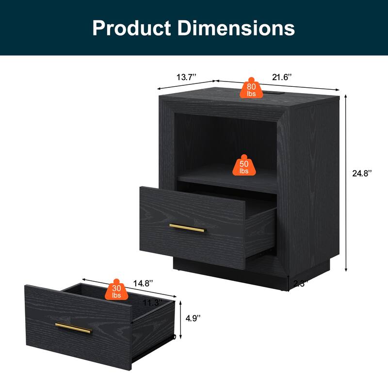 Modern Nightstand with Charging Station， Set of 2