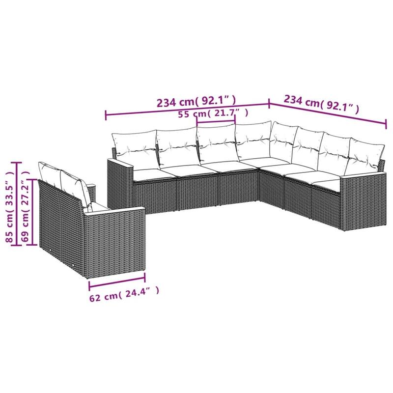 vidaXL Patio Sofa Set with Cushions Outdoor Conversation Furniture Poly Rattan - 24.4x 24.4x 27.2
