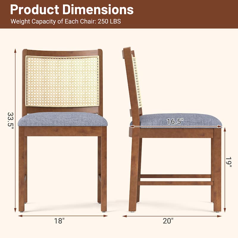 Gymax Rattan Dining Chair Set of 2 w/ Rubber Wood Frame Linen Fabric