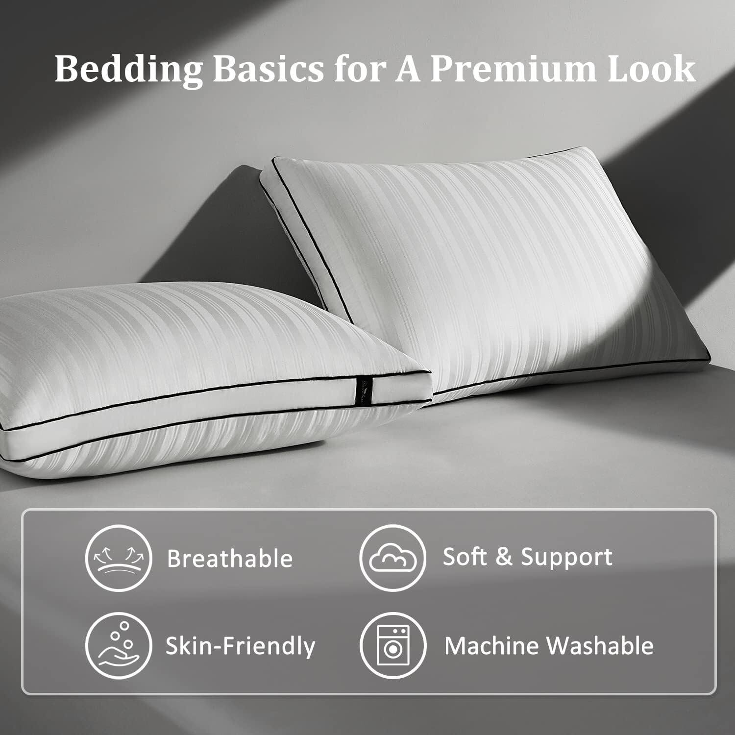 Set of 2 Luxury Gusseted Goose Down Pillows Gusseted Vertical Stripes