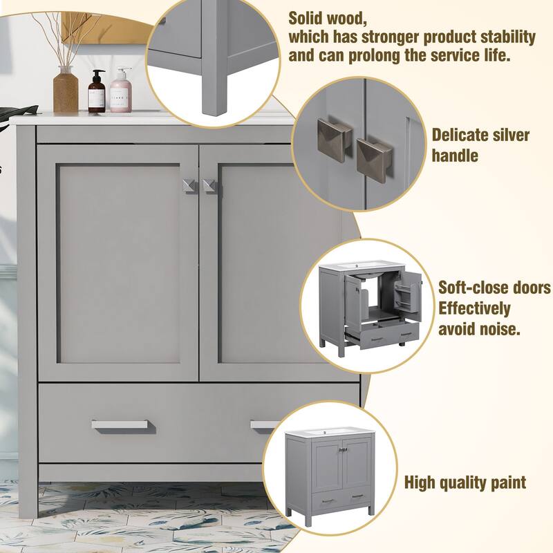30 Inch Freestanding Bathroom Vanity with Rectangular Ceramic Sink, Two Doors, and Storage Drawer - Elegant Finish
