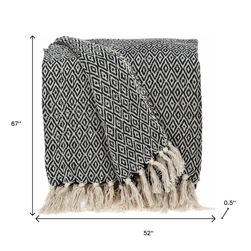 HomeRoots 52" X 67" Black And Beige Geometric Diamond Throw Blanket with Tassels