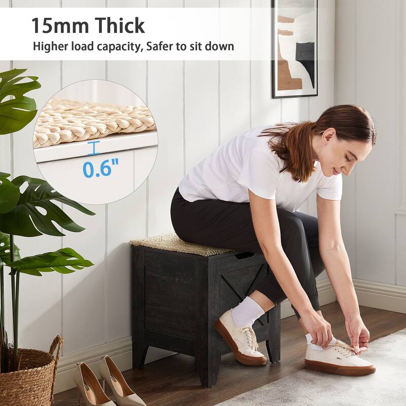Storage Wooden Ottoman, Flip Top Ottoman Bench with Hand Weave Poufs Padded, Bed End Stool, Foot Rest for Living Room/Entryway
