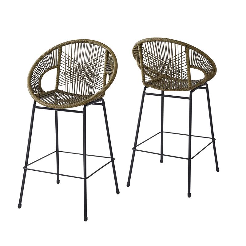 Roomfitters Ferrara Outdoor Faux Wicker Barstools with Metal Frame, Modern Patio Seating, Set of 2 - Green