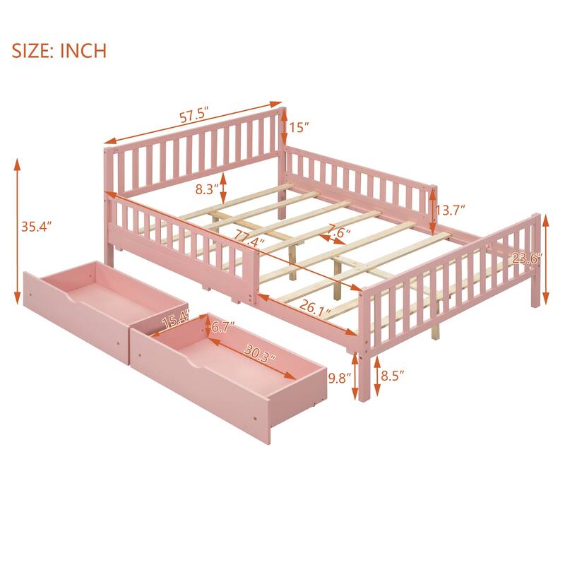 Wooden Platform Bed Underbed Storage Bed with Sides Guardrails Spindle Headboard and 2 Drawers 8.98 inch Storage Underneath