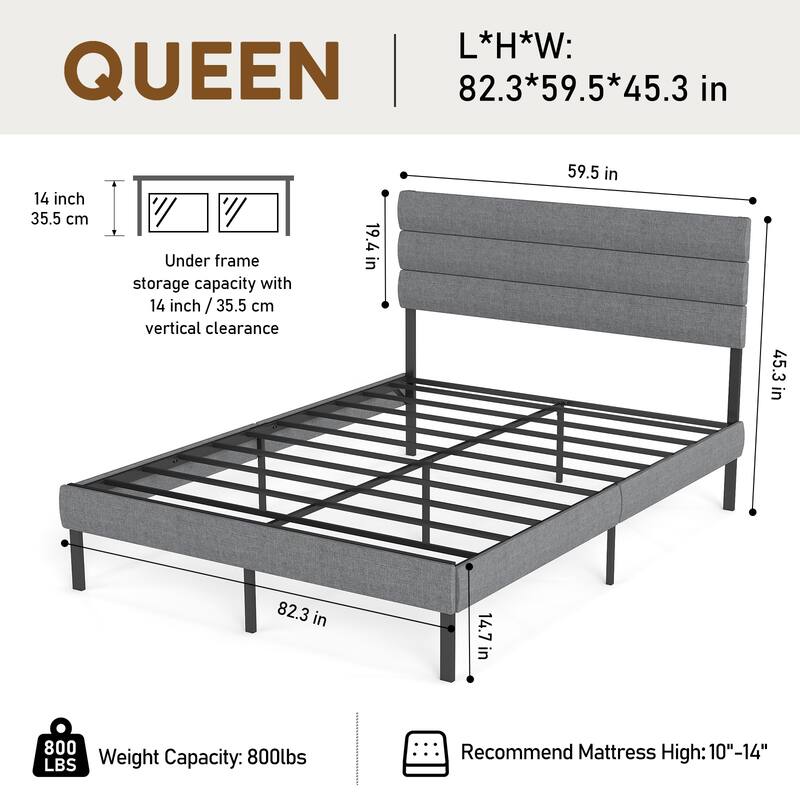 Linen Upholstered Bed Frame Metal Platform Bed Frame with Headboard and 14" Underbed Storage, Metal Slats Support, Noise-Free