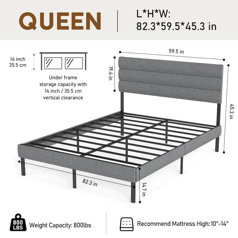 Queen Size Upholstered Platform Bed Frame - With Headboard, No Box Spring Needed, 14" Underbed Storage​