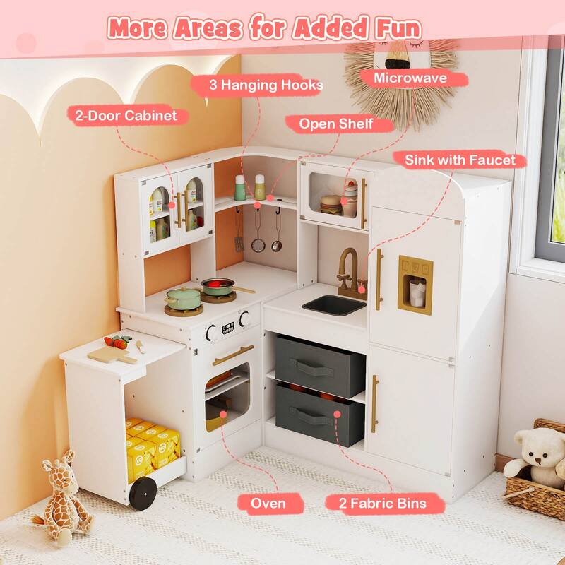 Costway Corner Kitchen with Lights and Sounds Interactive Wooden - See Details