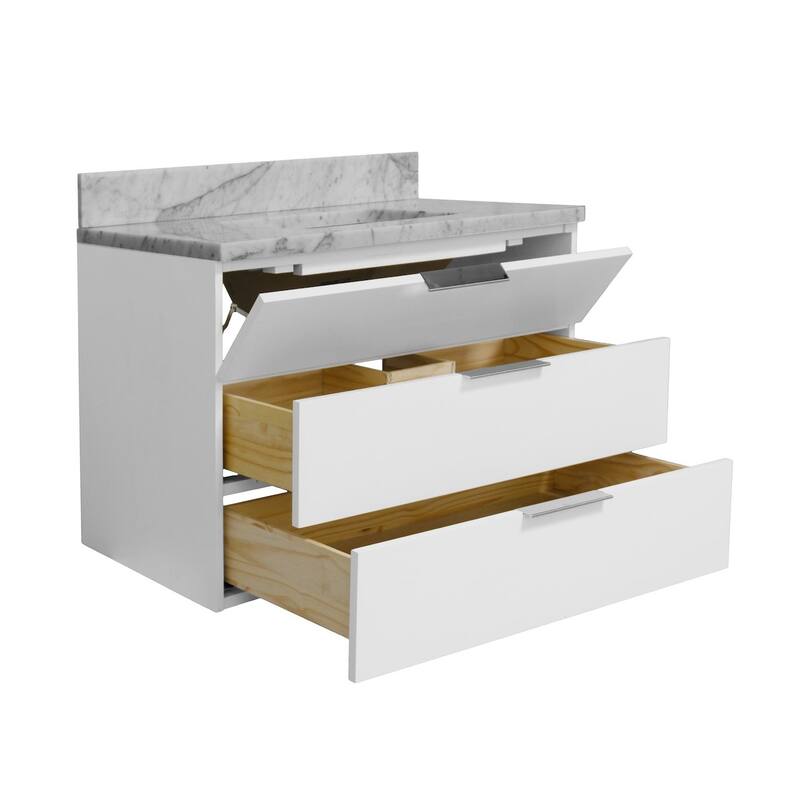 KitchenBathCollection Oslo 36" Floating Wall-Mounted Bathroom Vanity with Carrara Marble Top
