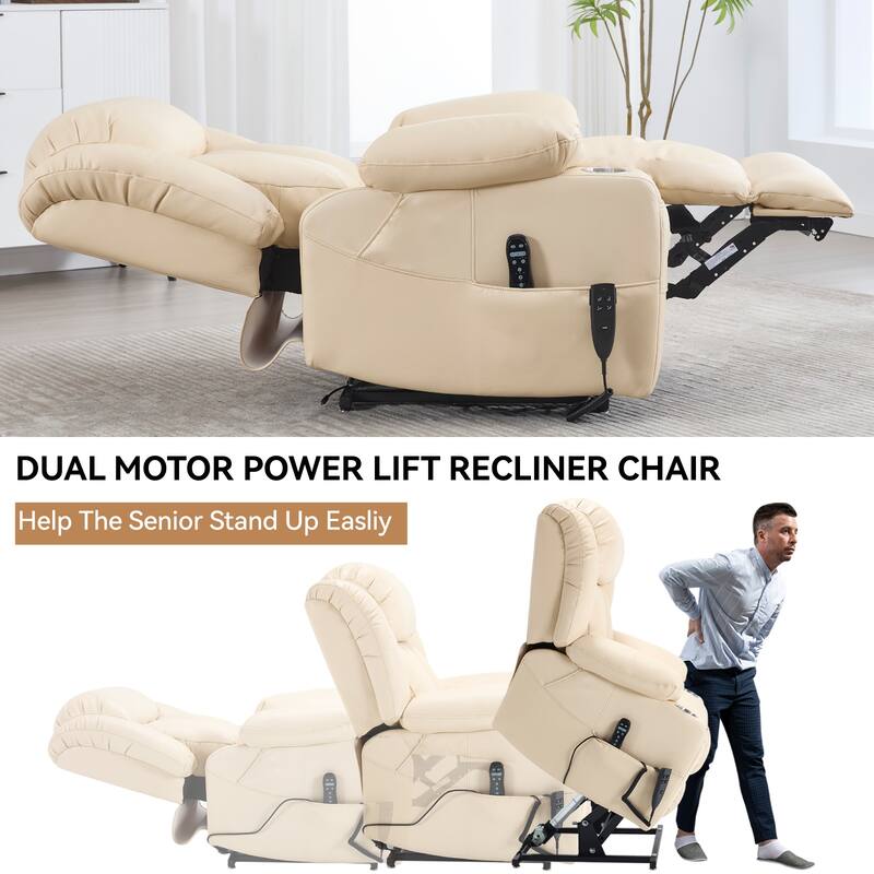 Dual Motor Faux Leather Power Lift Recliner Chair for Adult, Lazy Single Recliner Sofa w/Massage and Lumbar Heat & Cup Holders