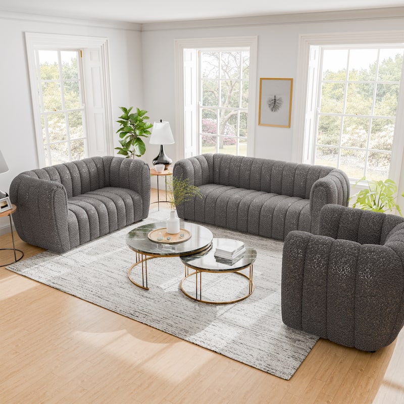 Furniture of America Lucinda Modern Vertical Channel Tufted Boucle Accent Sofa Set with Wooden Legs - Charcoal Grey - 3 Piece