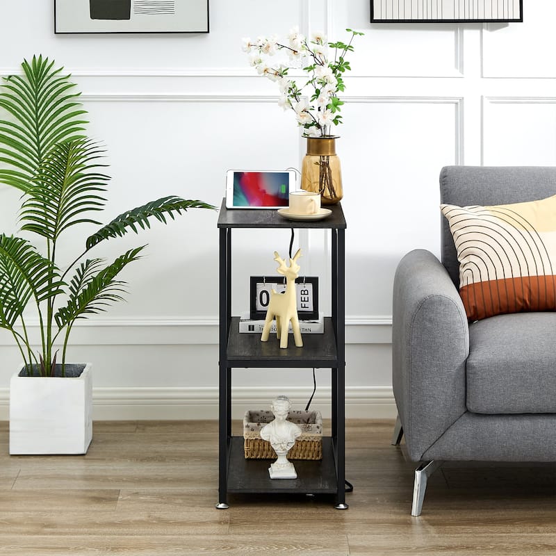 VECELO 3-Tier Nightstands Set of 2 with Open Storage Shelves Narrow Design End Table Set with USB Charging Station for Bedroom