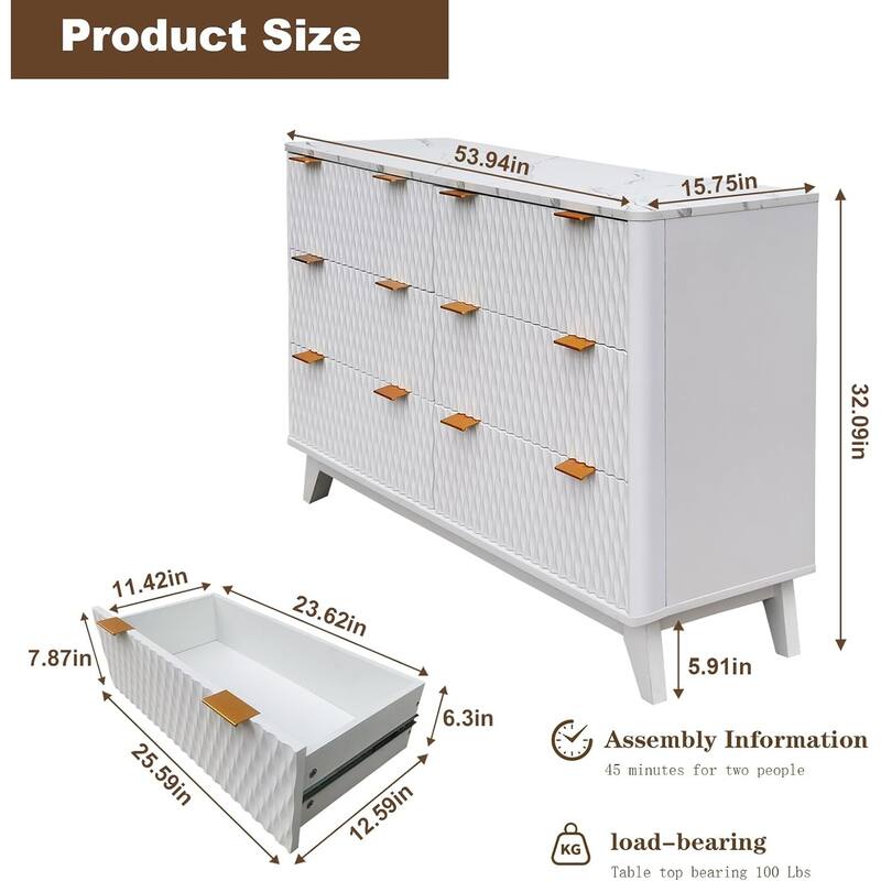 6 Drawer Wood Dresser with Faux Marble Top, 54" Wide Farmhouse Chest, Drip Pattern Design,