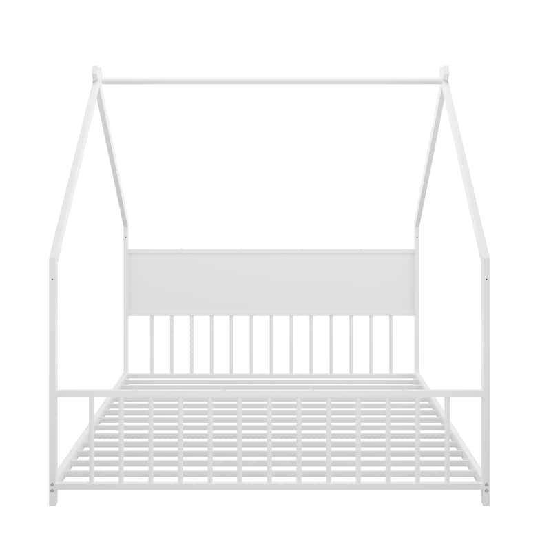 Full Size Canopy House Bed with LED Lights, Sturdy Metal Frame & Slats for Kids & Teens, No Box Spring Needed (White)