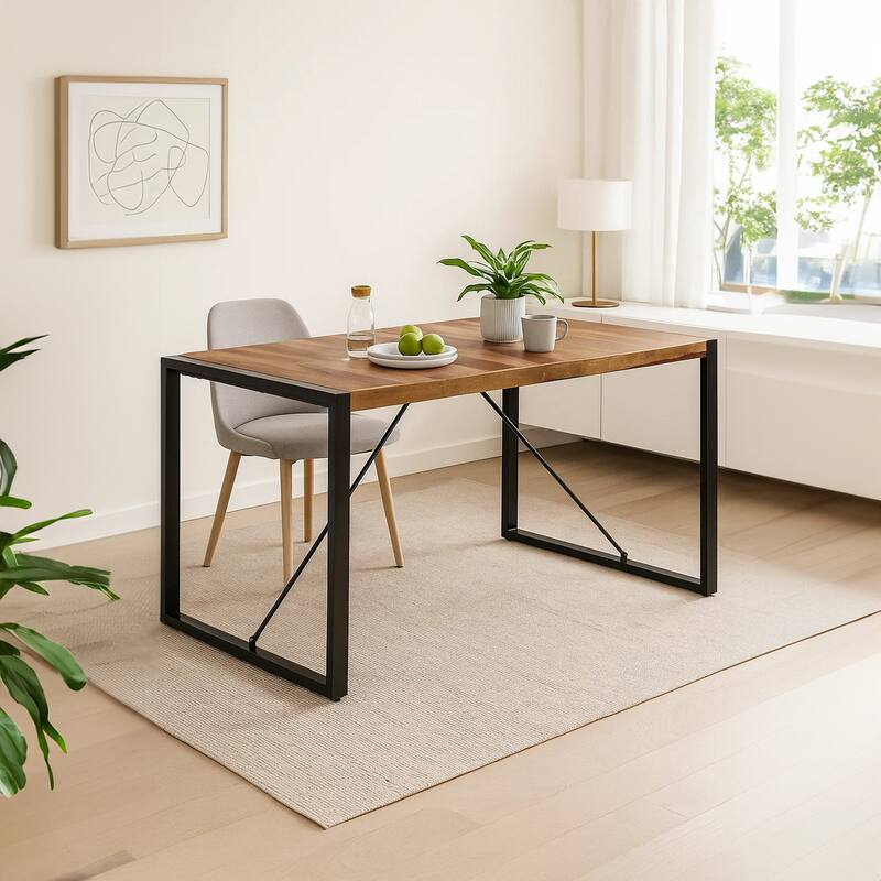 Rezza Dining Table, 63 Inch Brown Solid Mango Wood Top, Black Steel - Brown, Black